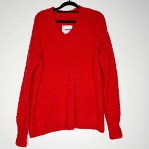 New Aerie Fuzzy Plush Teddy Oversized V-Neck Sweater Red Women's Size XS